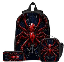 Load image into Gallery viewer, Complete 3-piece bag set, 1 Backpack and 2 Small Bags Featuring a Red Spider Against a Dark Web Design. One Products