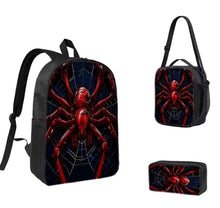 Load image into Gallery viewer, Complete 3-piece bag set, 1 Backpack and 2 Small Bags Featuring a Red Spider Against a Dark Web Design. One Products