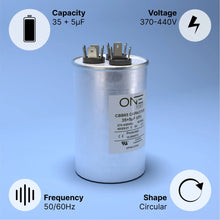 Load image into Gallery viewer, ONE Power 35/5-MFD, 370V or 440V Dual Run A/C Capacitor 35+5 uF CBB65B Air Conditioner Capacitors for AC Unit Fan Motor Start or Heat Pump or Condenser Straight Cool (OPCDR355) One Products