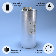 Load image into Gallery viewer, ONE Power 70/7.5-MFD, 370V or 440V Dual Run A/C Capacitor 70+7.5 uF CBB65B Air Conditioner Capacitors for AC Unit Fan Motor Start or Heat Pump or Condenser Straight Cool (OPCDR705) One Products
