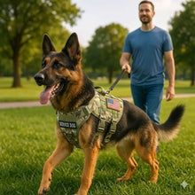 Load image into Gallery viewer, Durable Tactical Dog Harness for Medium and Large Breeds, featuring an Adjustable Vest with Handle, Metal Buckle, and Black Camouflage Patches. One Products