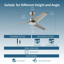 Load image into Gallery viewer, ProMounts 52 in. WIFI 3-Blade Smart Ceiling Fan with Reversible Motor, 6 Speeds and 3 Color Temperatures, App Control, Satin Nickel One Smart CE Gear