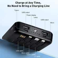 Load image into Gallery viewer, Solar Power Bank - Portable Fast Charger with 4 Built-in Cables (USB, Micro, Type-C, Lightning), Ultra-Bright LED Flashlight, and Rugged Design for All Smartphones One Products UV Light