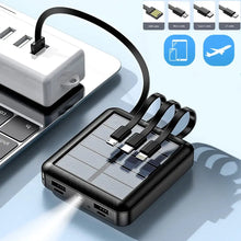 Load image into Gallery viewer, Solar Power Bank - Portable Fast Charger with 4 Built-in Cables (USB, Micro, Type-C, Lightning), Ultra-Bright LED Flashlight, and Rugged Design for All Smartphones One Products UV Light