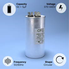 Load image into Gallery viewer, ONE Power 50/5-MFD, 370V or 440V Dual Run A/C Capacitor 50+5 uF CBB65B Air Conditioner Capacitors for AC Unit Fan Motor Start or Heat Pump or Condenser Straight Cool (OPCDR505) One Products
