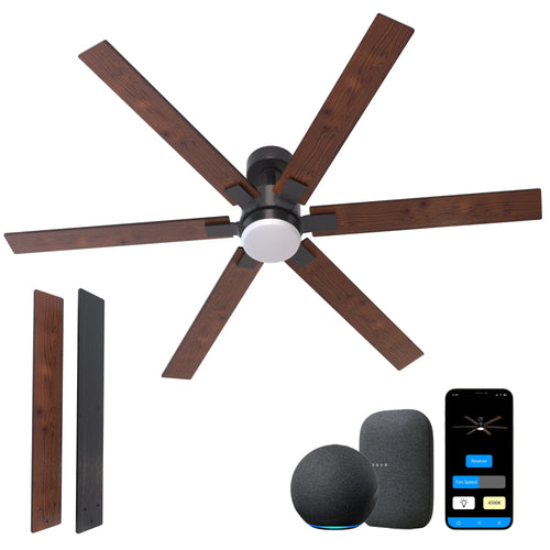 ProMounts 60 in. WIFI 6-Blade Smart Ceiling Fan with Reversible Motor, 6 Speeds and 3 Color Temperatures, App Control, Walnut - One Products