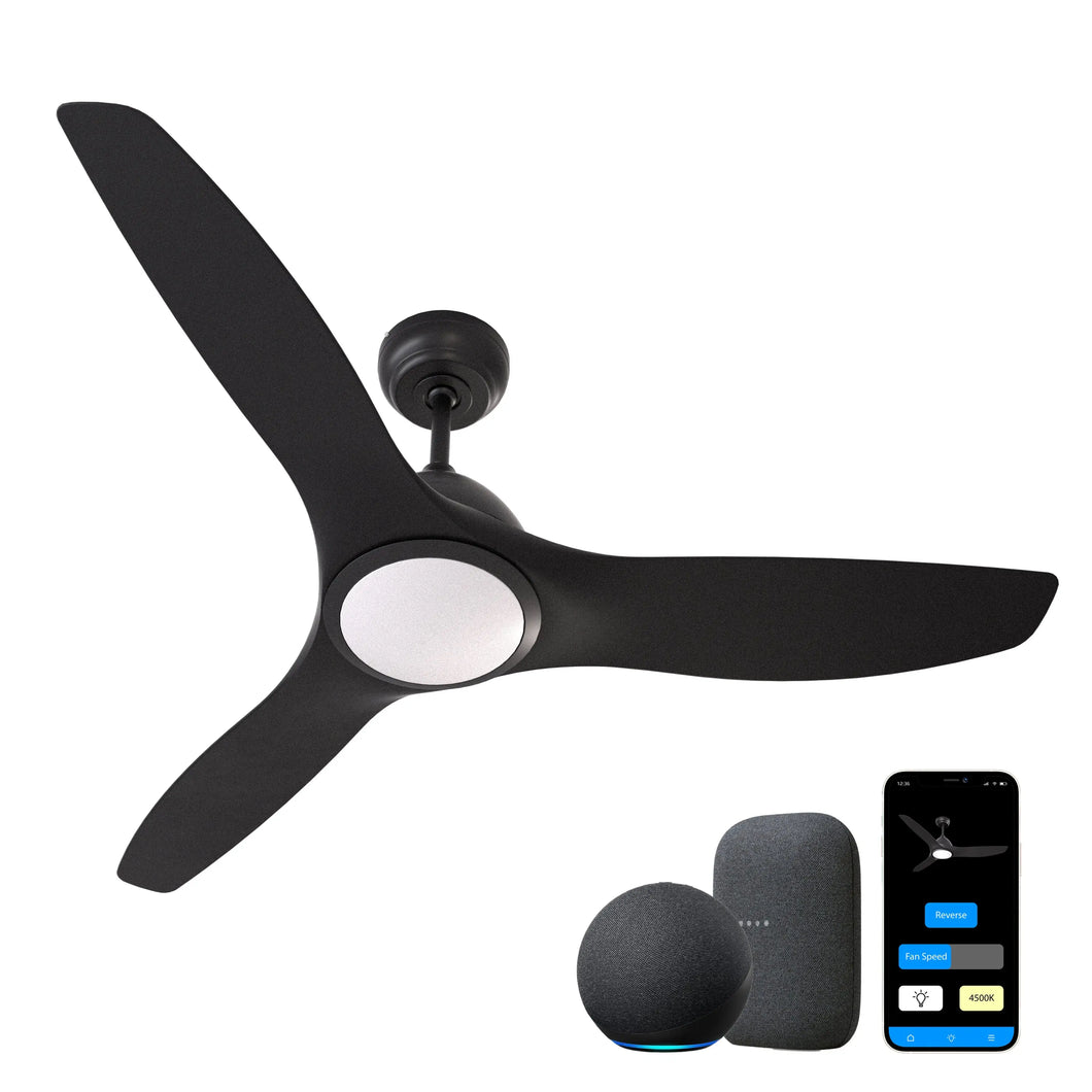 ProMounts 52 in. WIFI 3-Blade Smart Ceiling Fan with Reversible Motor, 6 Speeds and 3 Color Temperatures, App Control, Black One Smart CE Gear Ceiling Fan