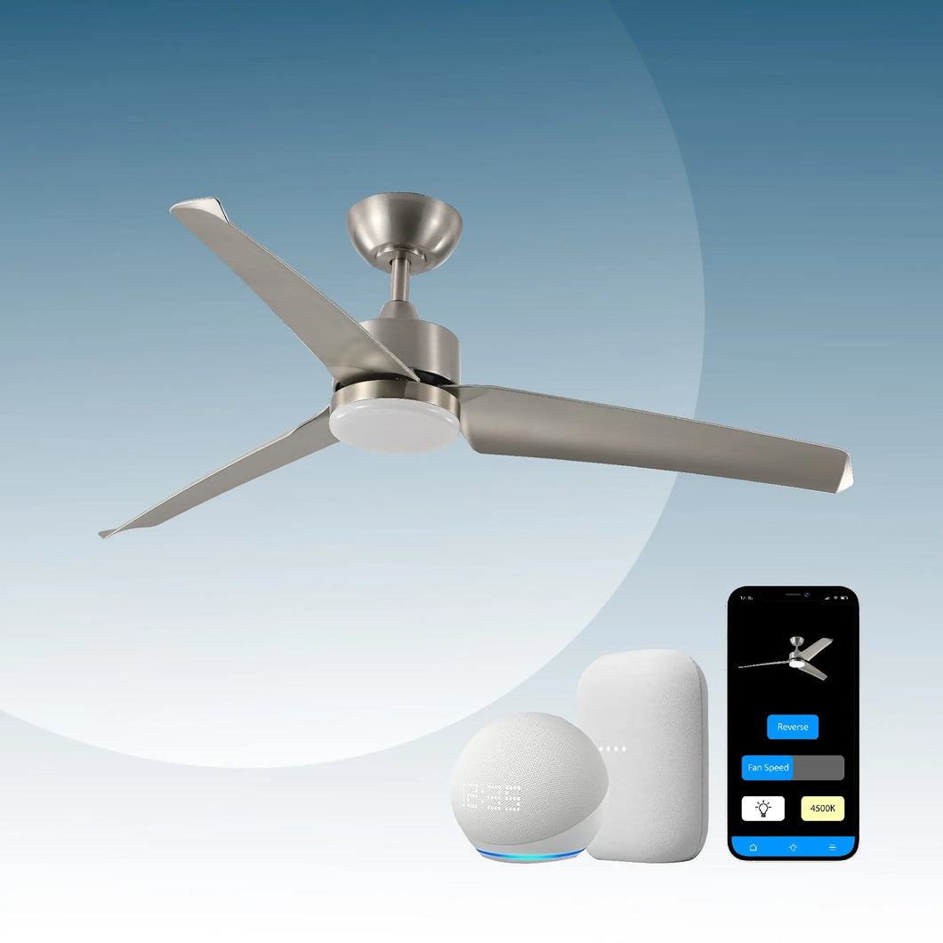 ProMounts 52 in. WIFI 3-Blade Smart Ceiling Fan with Reversible Motor, 6 Speeds and 3 Color Temperatures, App Control, Satin Nickel One Smart CE Gear